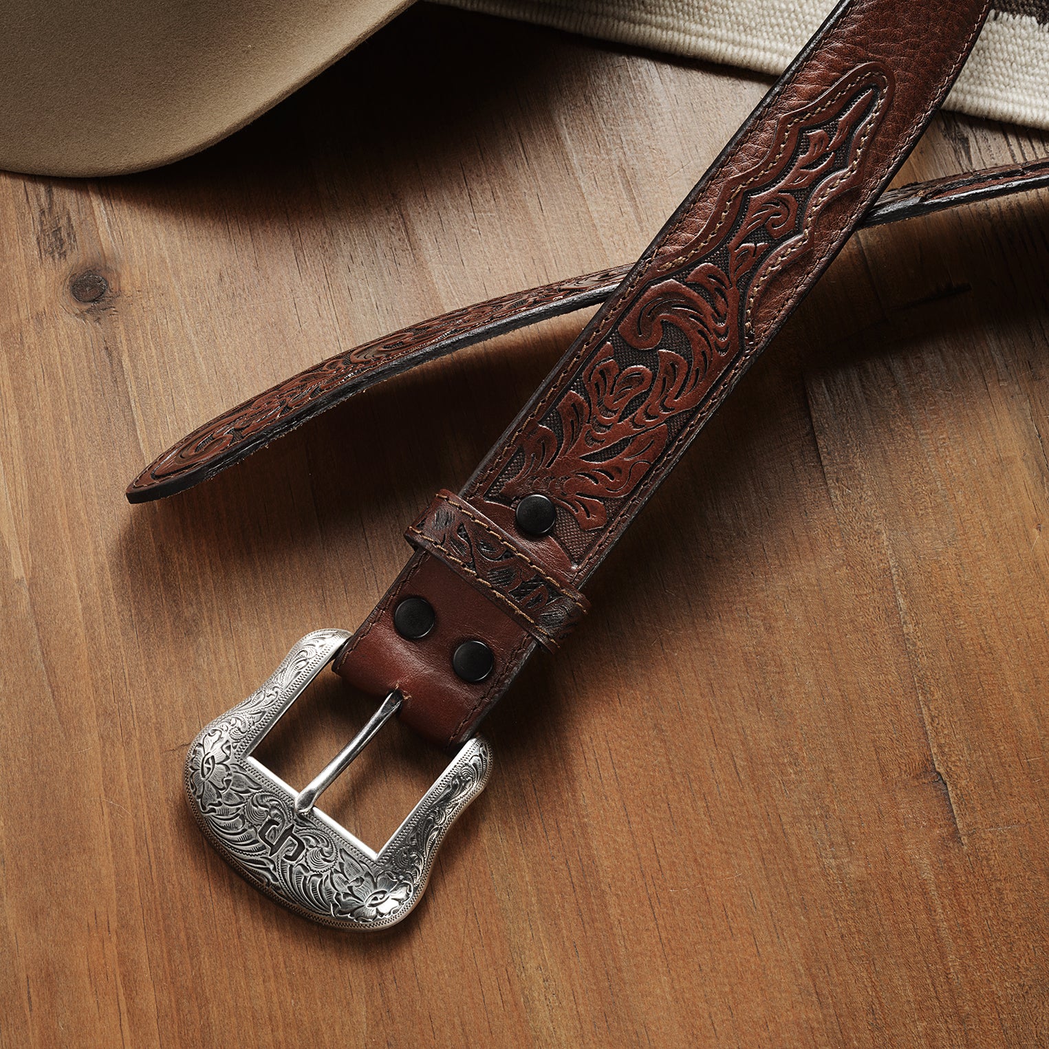 Bison Leather Tooled Tab Belt - Image 2