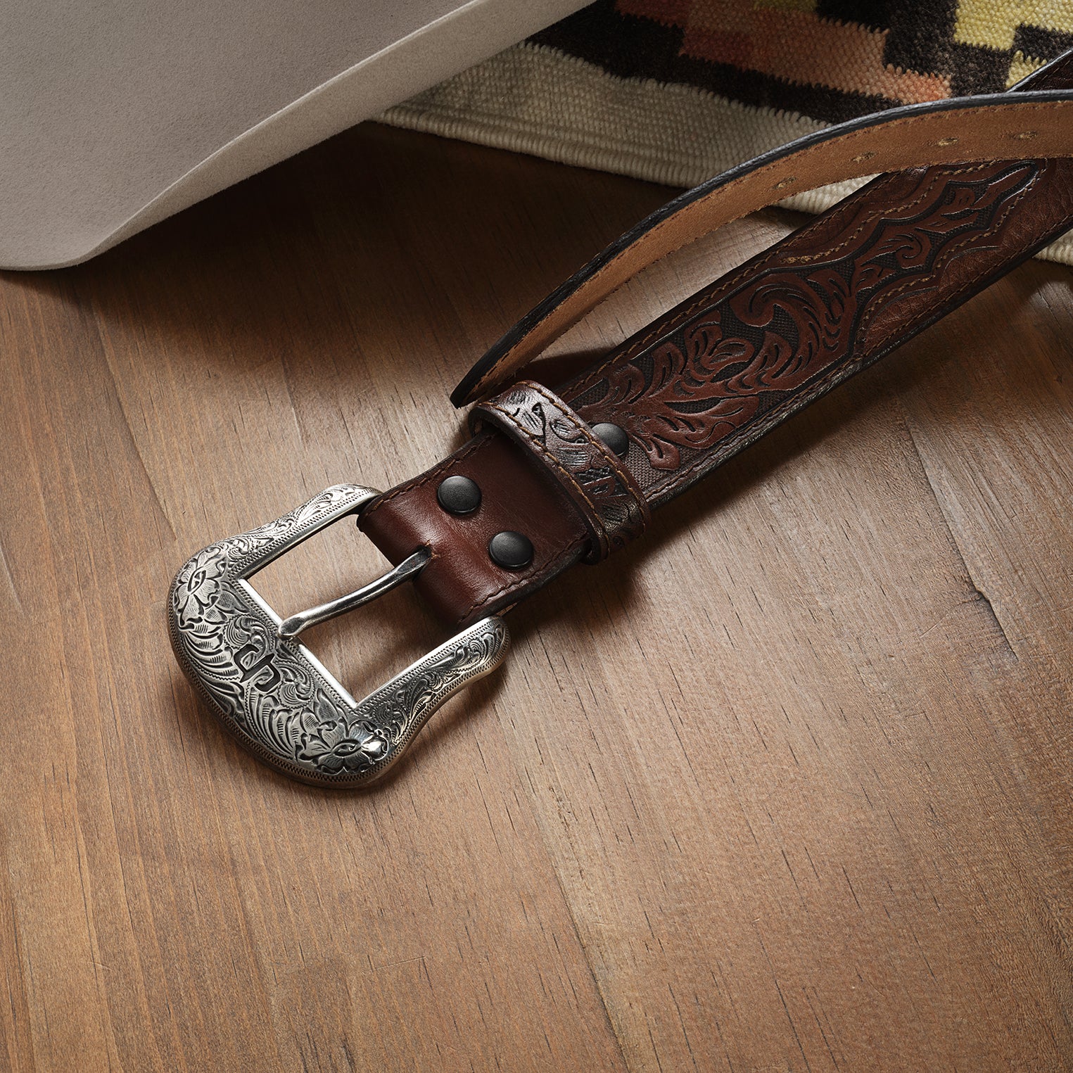 Bison Leather Tooled Tab Belt - Image 3