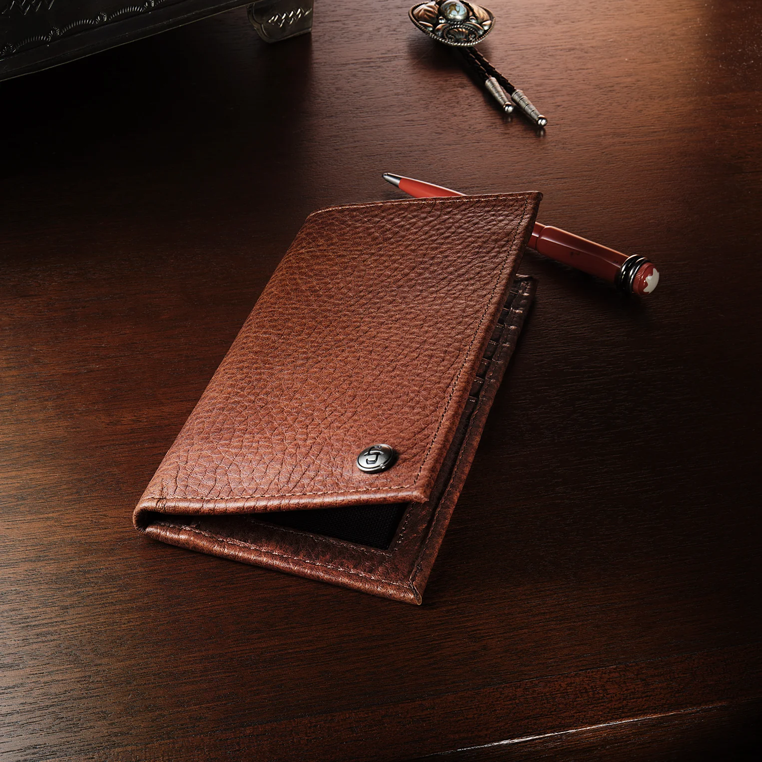 Bison Leather Stetson Rivet Checkbook Wallet - Image 2