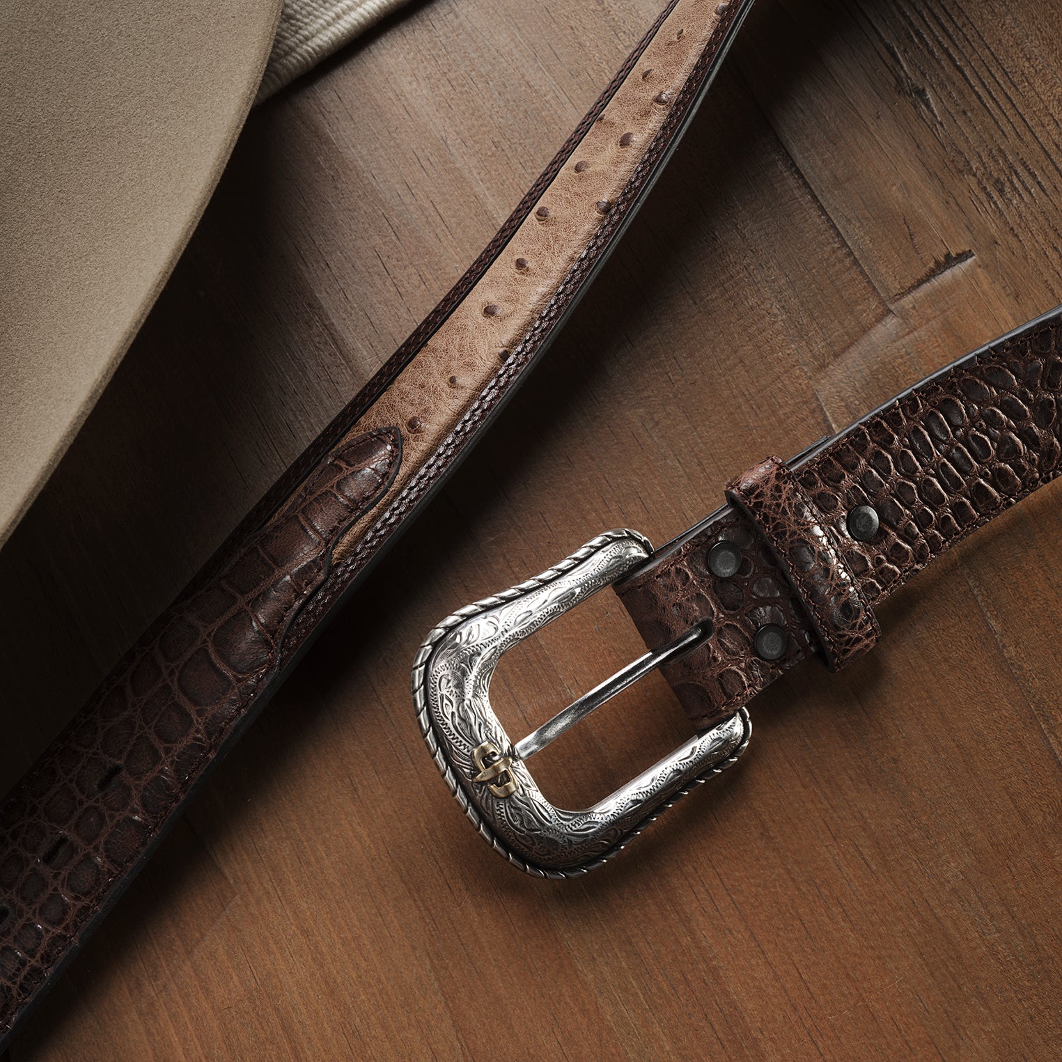 Ostrich Print Croco Embossed Western Tabs Belt - Image 3
